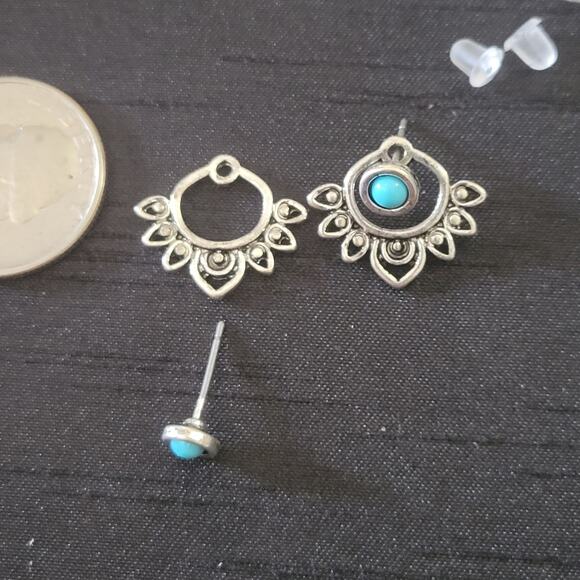 Boho silver tone synthetic turquoise illusion stud earrings - Picture 3 of 4